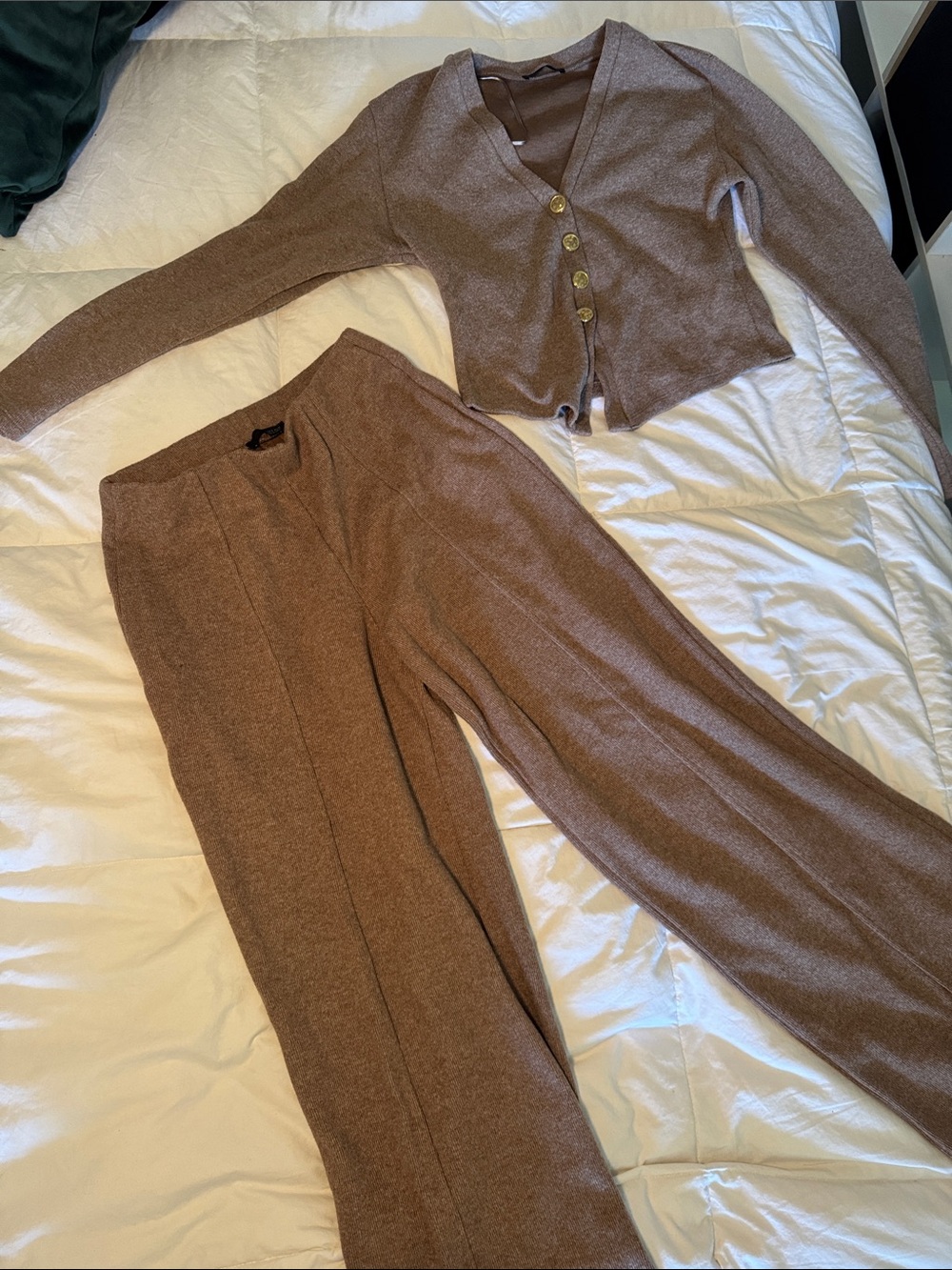 Zara Brown Wide-Leg Knit Pants with Matching Cardigan
